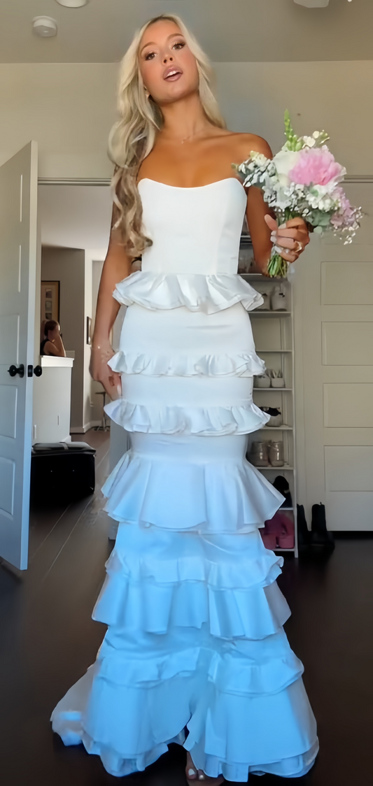 Strapless Mermaid Ruffle Long Prom Dresses Full Length Evening Party Dress,AST2091