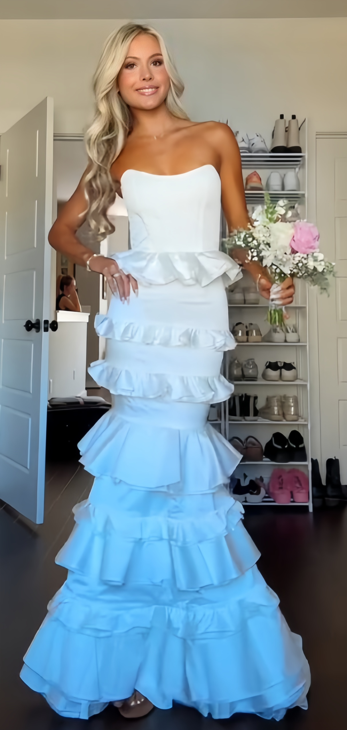 Strapless Mermaid Ruffle Long Prom Dresses Full Length Evening Party Dress,AST2091