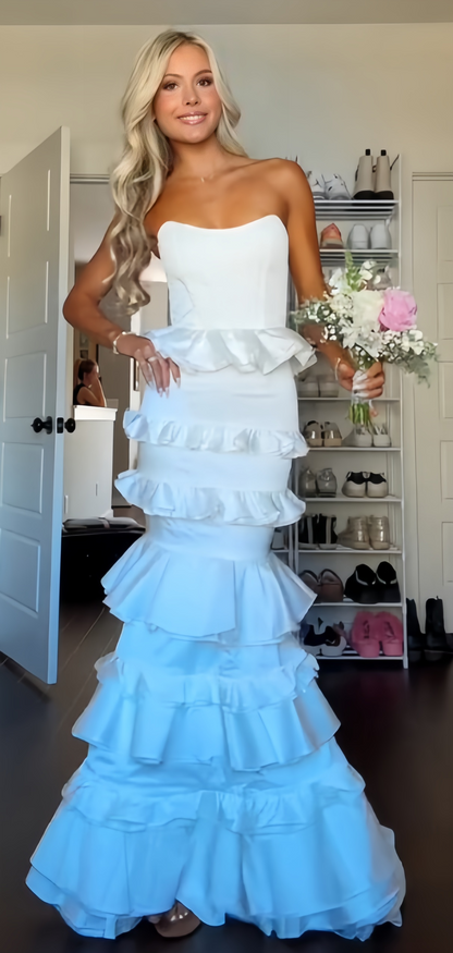 Strapless Mermaid Ruffle Long Prom Dresses Full Length Evening Party Dress,AST2091