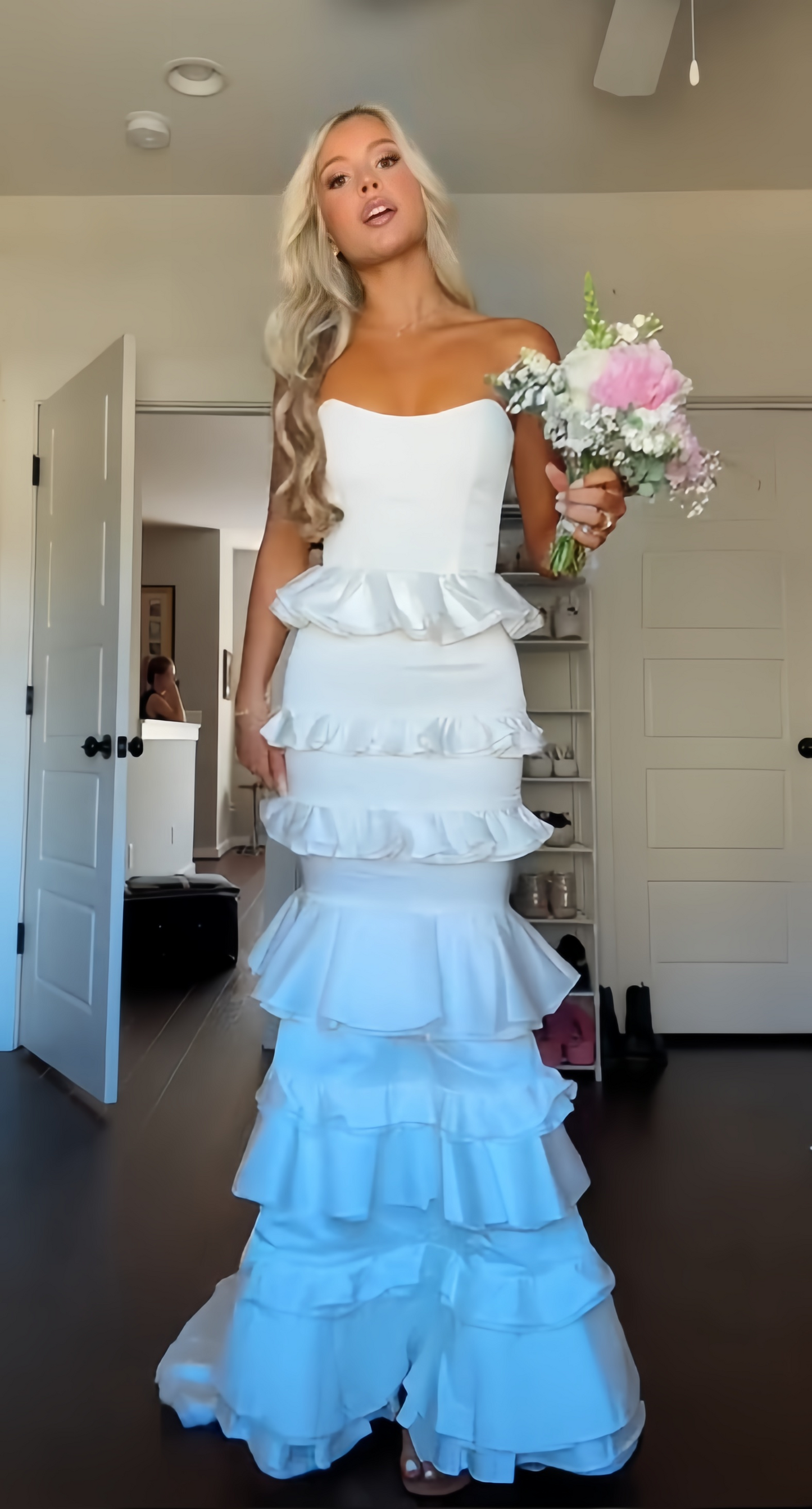 Strapless Mermaid Ruffle Long Prom Dresses Full Length Evening Party Dress,AST2091