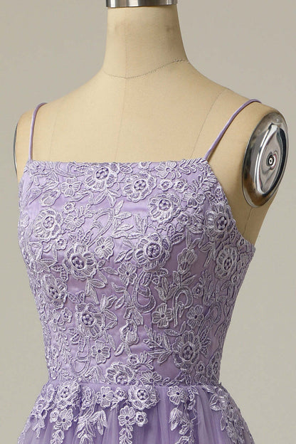 Straps Lavender A-line Appliques Long Prom Dress