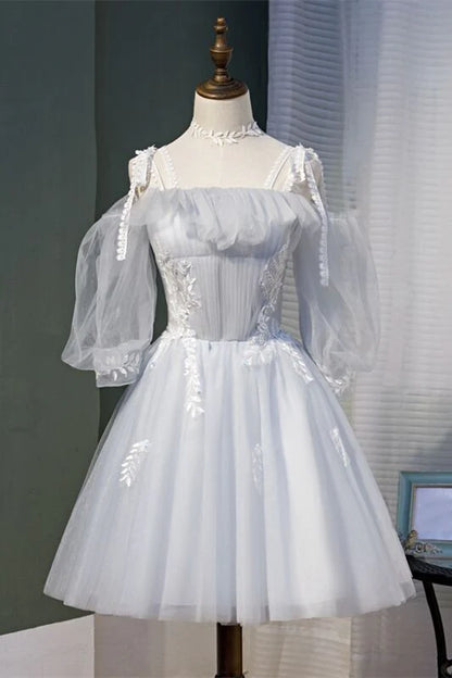 Straps Light Grey Short Tulle Homecoming Dress, AST1156