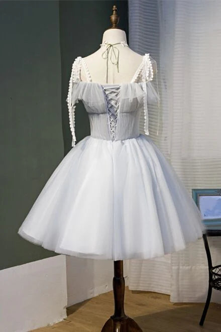 Straps Light Grey Short Tulle Homecoming Dress, AST1156
