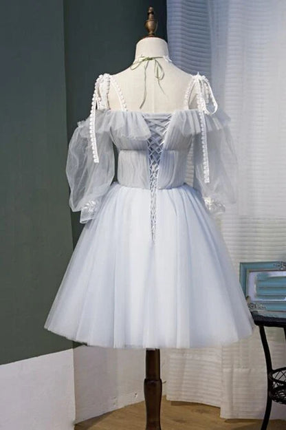 Straps Light Grey Short Tulle Homecoming Dress, AST1156
