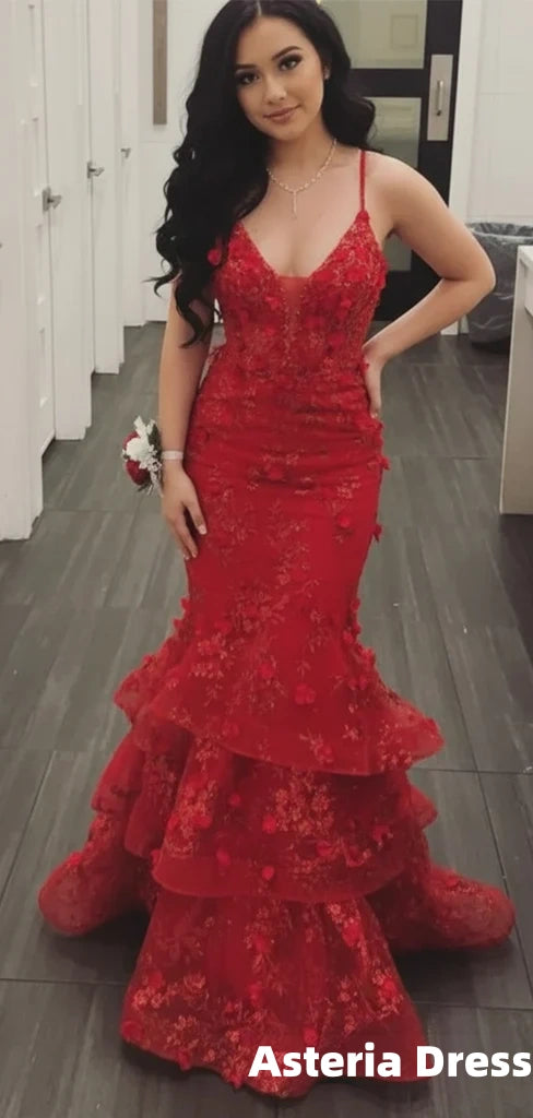 Stunning Red Floral Lace Mermaid Prom Dress with Tiered Ruffles, Evening Dress