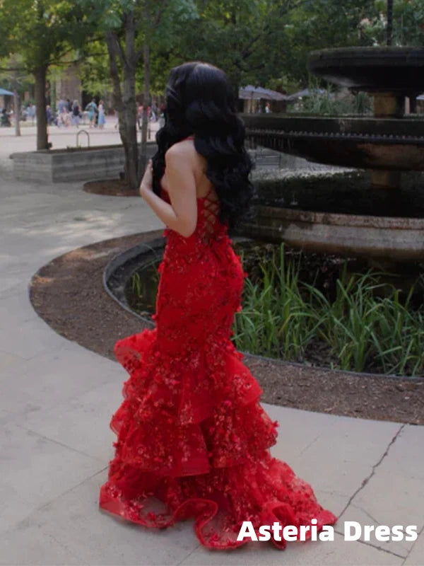 Stunning Red Floral Lace Mermaid Prom Dress with Tiered Ruffles, Evening Dress