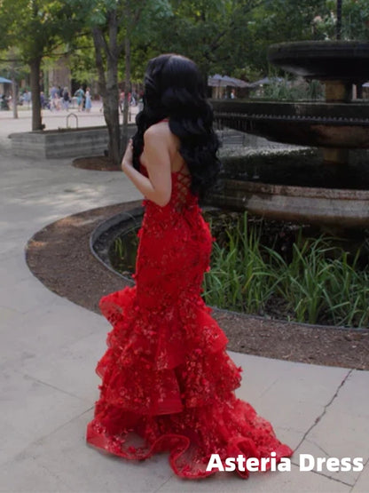 Stunning Red Floral Lace Mermaid Prom Dress with Tiered Ruffles, Evening Dress