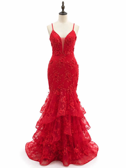 Stunning Red Floral Lace Mermaid Prom Dress with Tiered Ruffles, Evening Dress