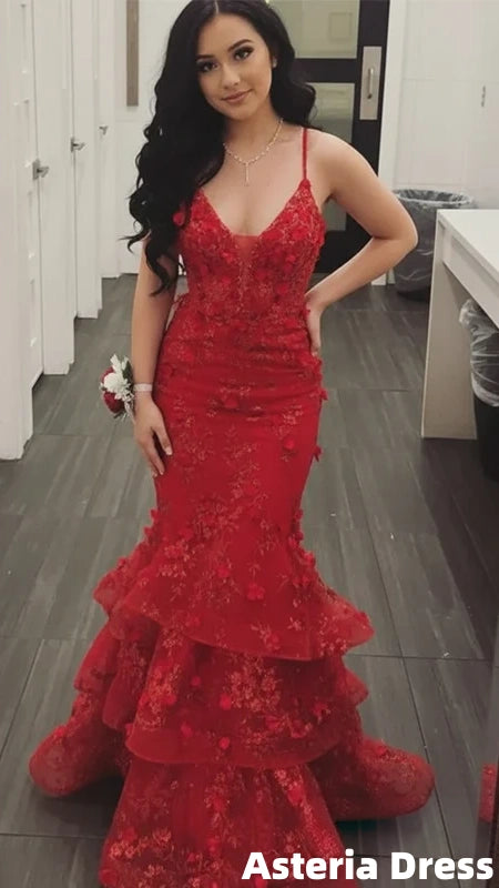 Stunning Red Floral Lace Mermaid Prom Dress with Tiered Ruffles, Evening Dress