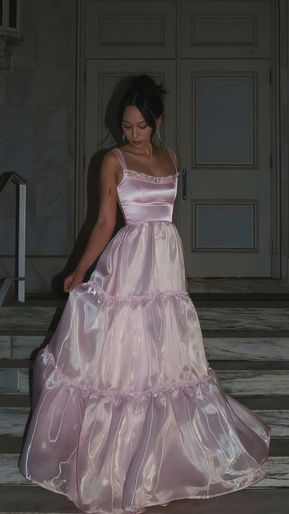 Stylish A Line Spaghetti Straps Pink Long Prom Dress with Lace - Pink,AST2107