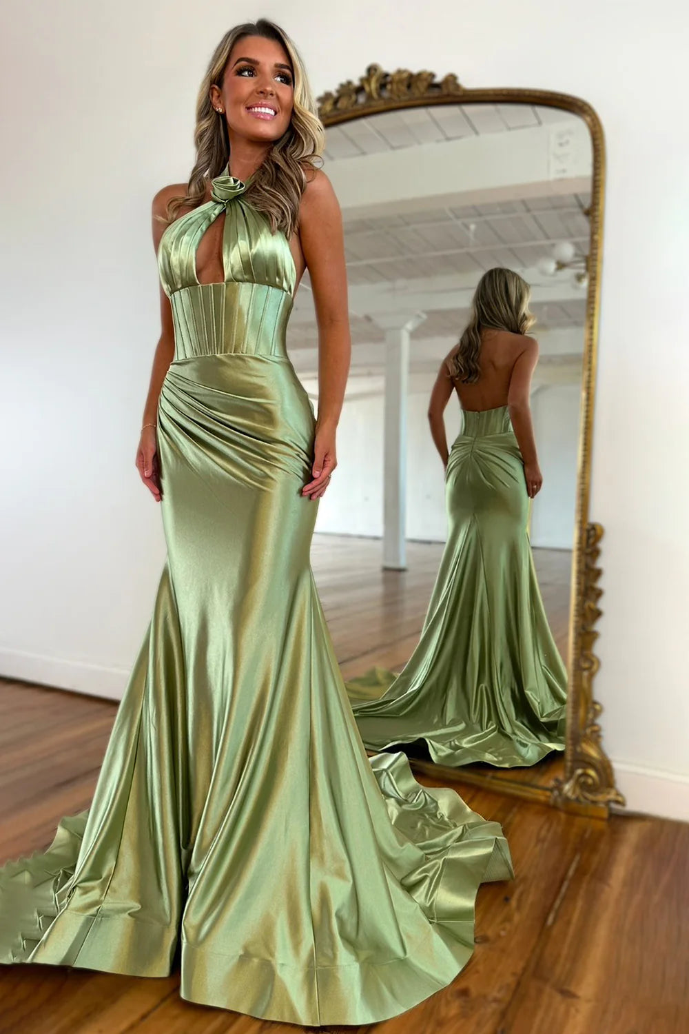 Sweety Mermaid Halter Neck Mint Green Long Prom Dress with Keyhole 3D