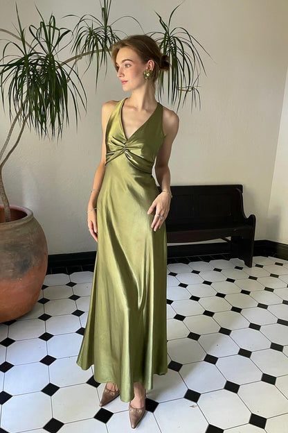 Stylish Sheath V Neck Green Long Party Dress with Open Back Bowknot