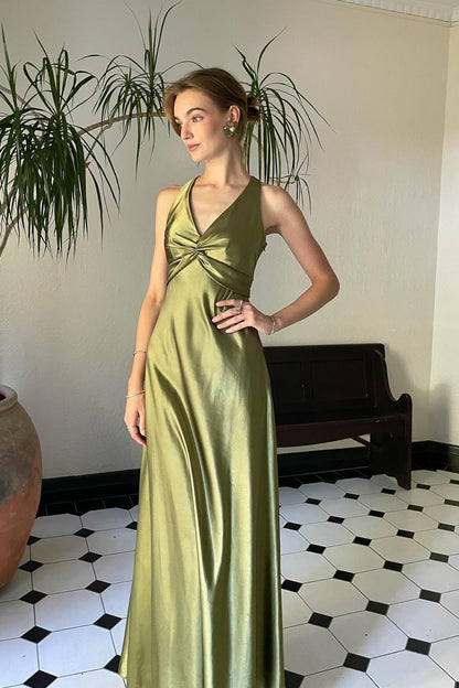 Stylish Sheath V Neck Green Long Party Dress with Open Back Bowknot
