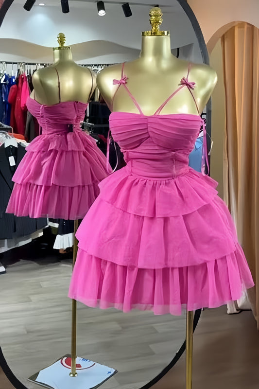 Sweet Hot Pink Chiffon Ruffle Homecoming Dresses,AST2007