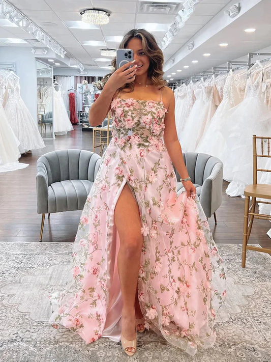 Sweet Pink 3D Floral Long Prom Dress,AST929