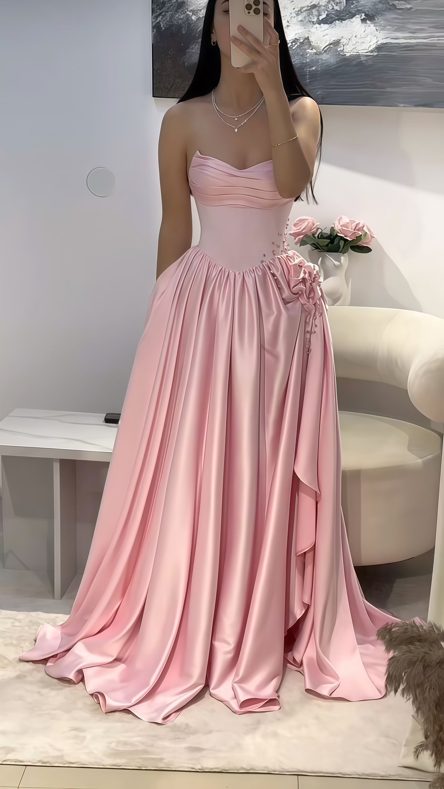 Sweet Pink Beaded Long Prom Dress, Pleated A-Line Evening Formal Gown,AST1802