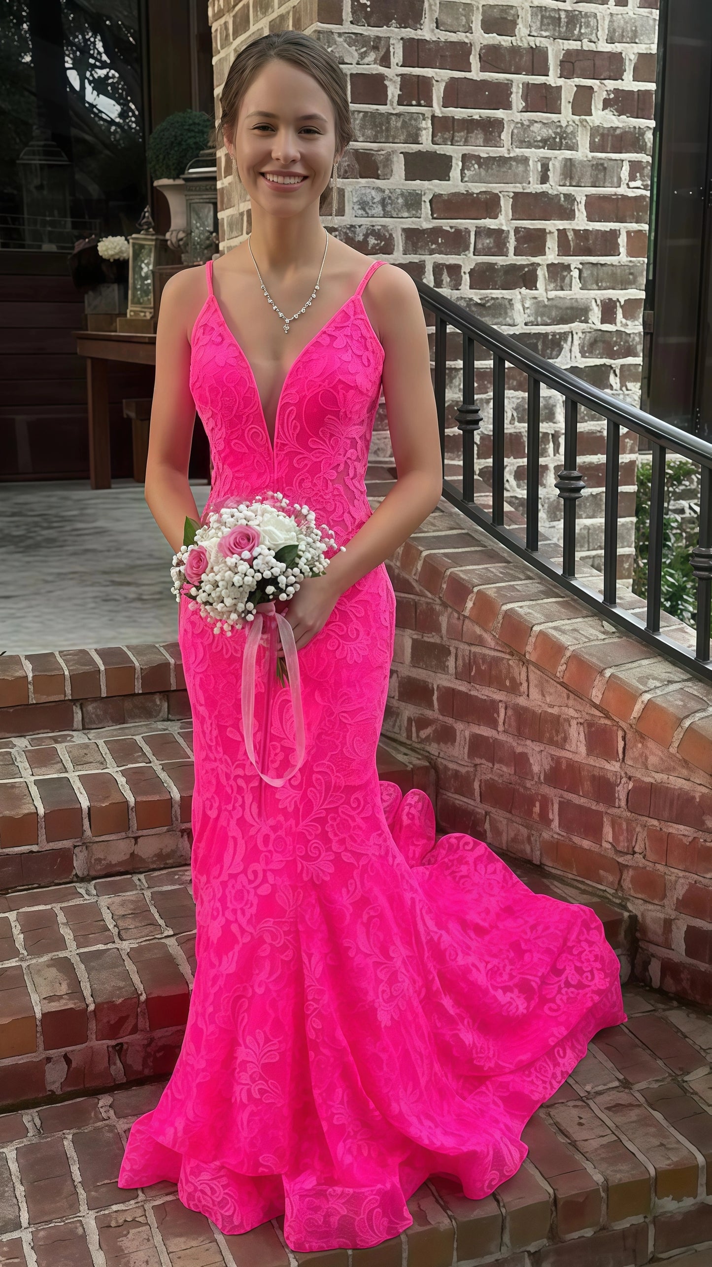 Sweet Pink Lace Mermaid Long Prom Dress,AST1637