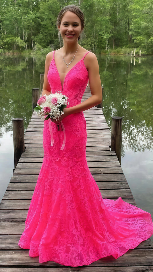 Sweet Pink Lace Mermaid Long Prom Dress,AST1637