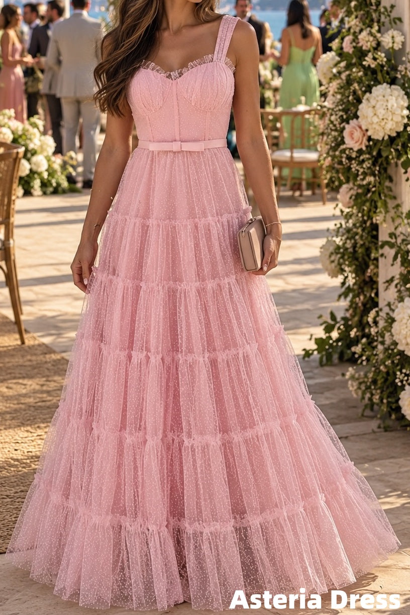 Sweet Pink Polka Dots Tulle Prom Dresses, A-Line Formal Party Dress
