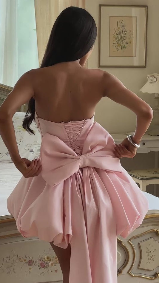 Sweet Pink Strapless Homecoming Dresses Mini Party Dress With Bowknot,AST2196