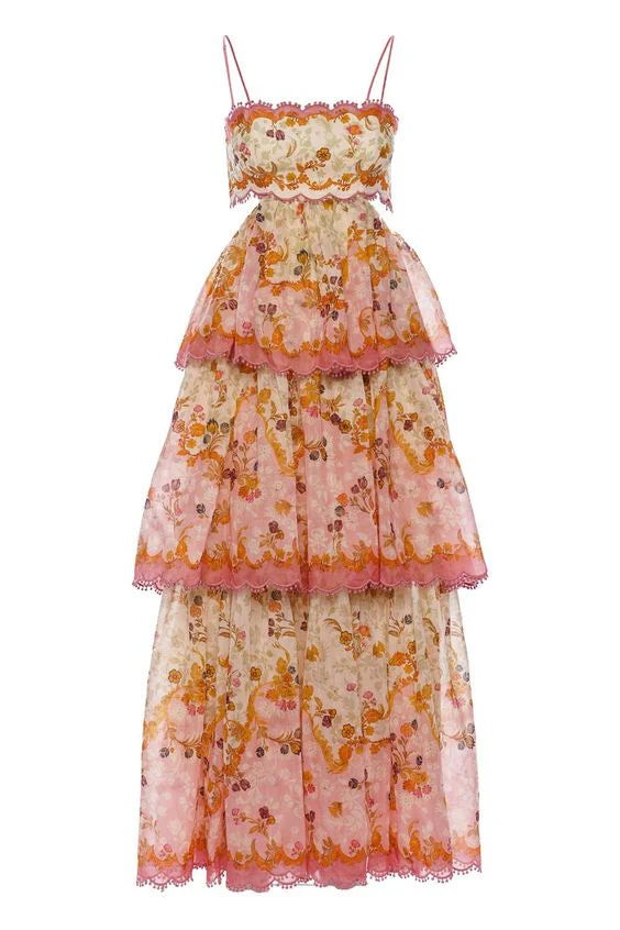 Sweet Straps Floral Tiered A-Line Long Party Dress,AST2310