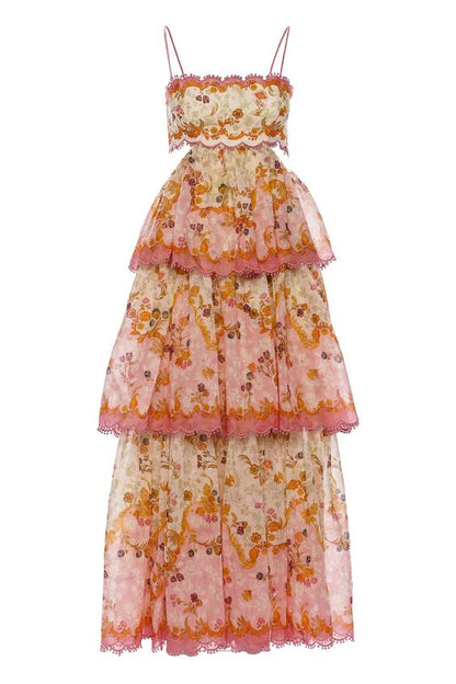 Sweet Straps Floral Tiered A-Line Long Party Dress,AST2310