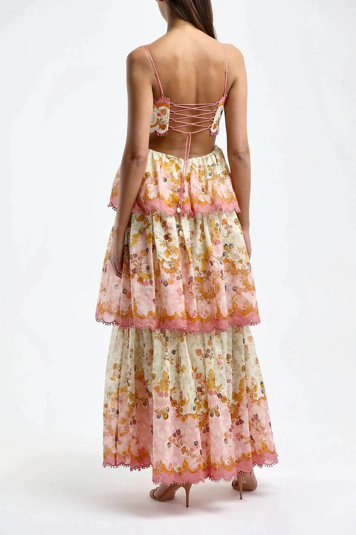 Sweet Straps Floral Tiered A-Line Long Party Dress,AST2310