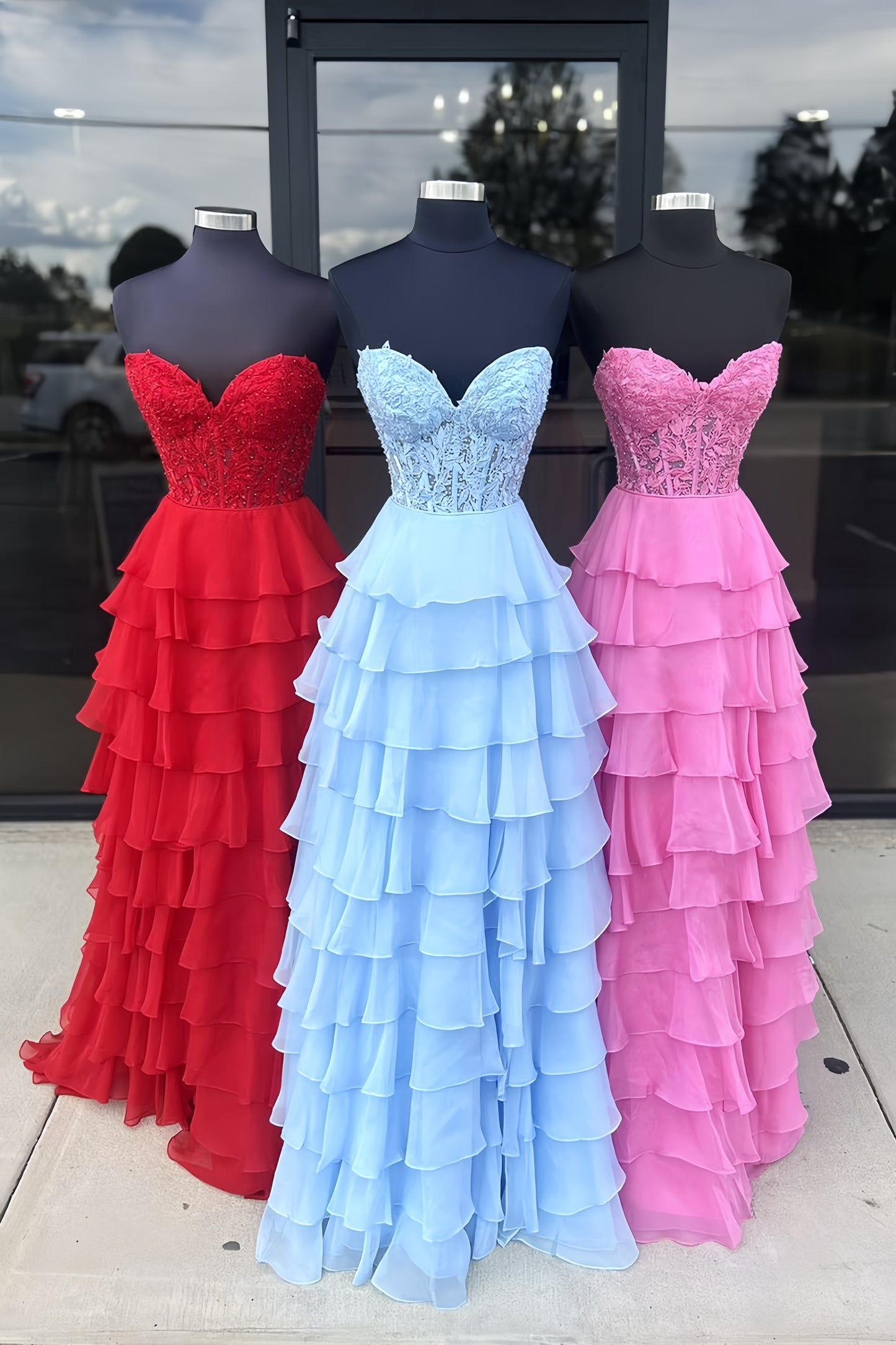 Sweetheart Applique Beaded Chiffon Prom Dress With Ruffle Skirt, AST1502