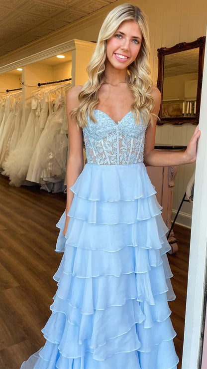 Sweetheart Appliques Chiffon Ruffle Prom Dress,AST1643