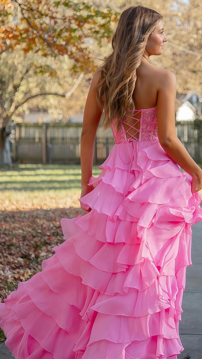 Sweetheart Appliques Chiffon Ruffle Prom Dress,AST1643