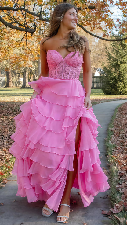 Sweetheart Appliques Chiffon Ruffle Prom Dress,AST1643