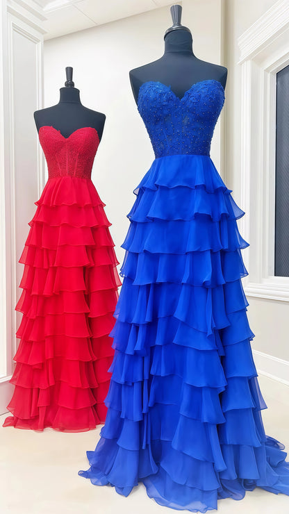 Sweetheart Appliques Chiffon Ruffle Prom Dress,AST1643