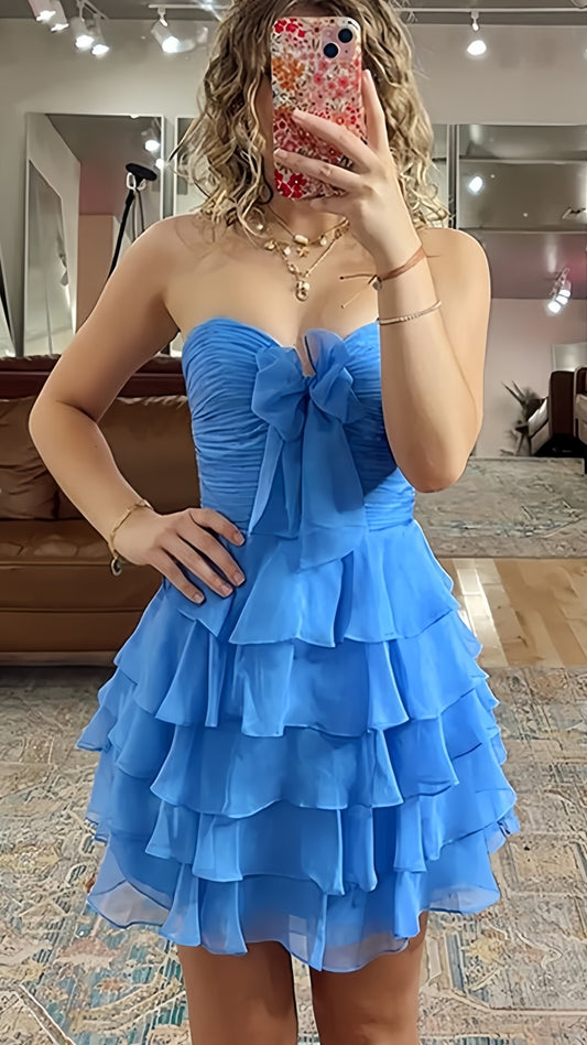 Sweetheart Blue Chiffon Ruffle Homecoming Dresses School Dance Dress, AST1932