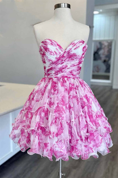 Sweetheart Chiffon Pleated Floral Homecoming Dresses, AST1348