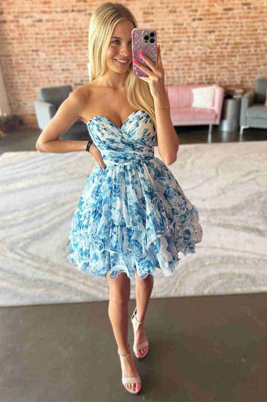 Sweetheart Chiffon Pleated Floral Homecoming Dresses, AST1348