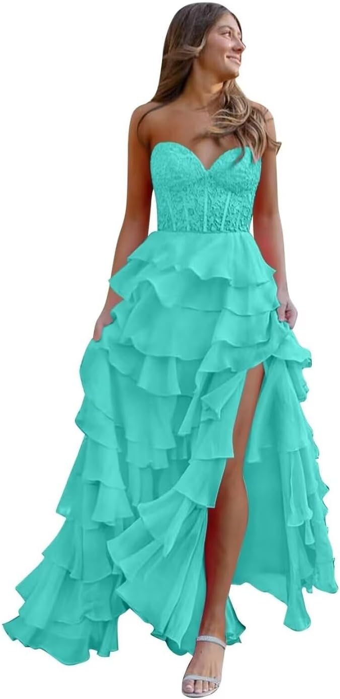 Sweetheart Lace Evening Dress Chiffon Ruffle Long Prom Dress,AST1021