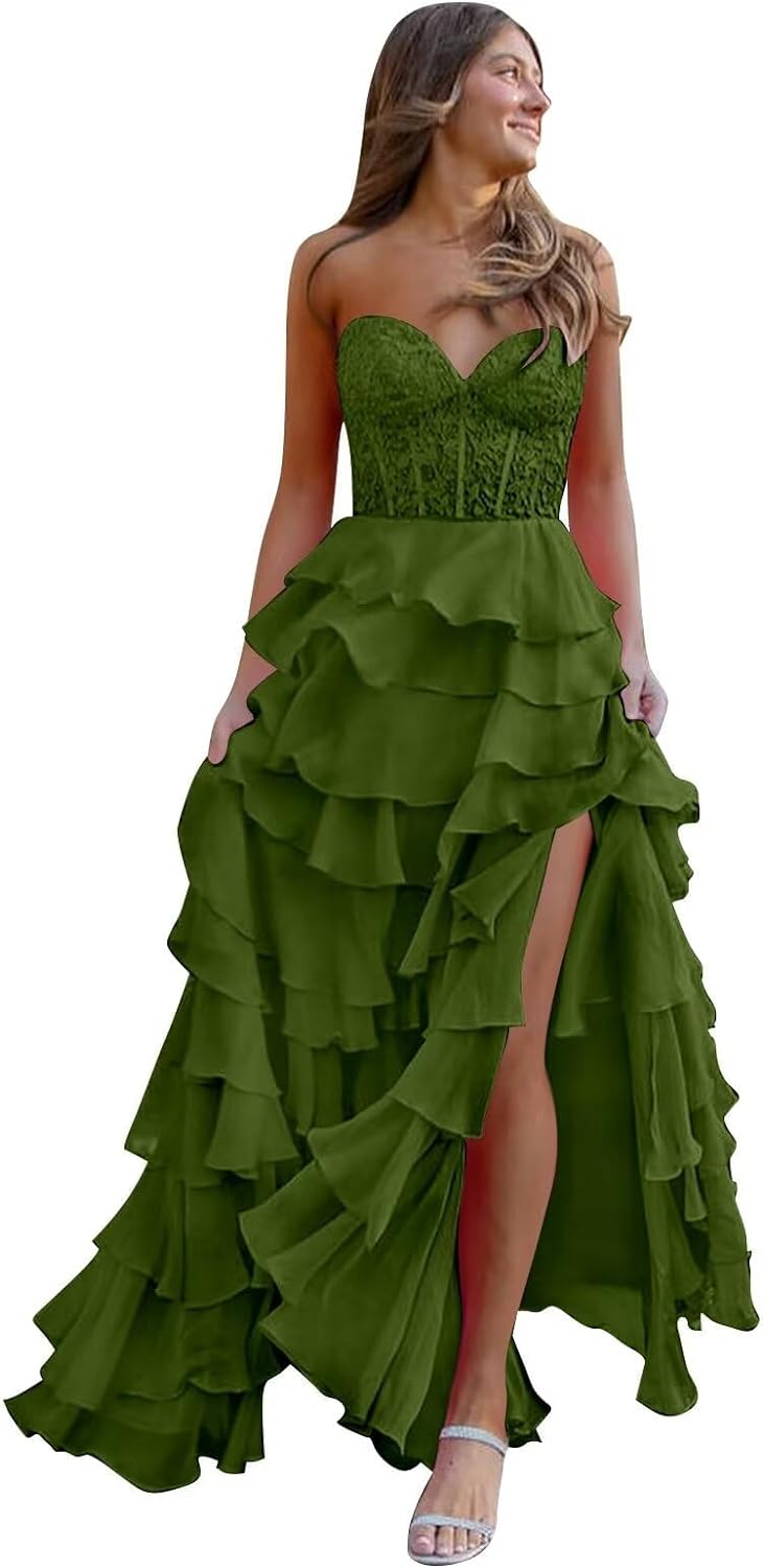 Sweetheart Lace Evening Dress Chiffon Ruffle Long Prom Dress,AST1021