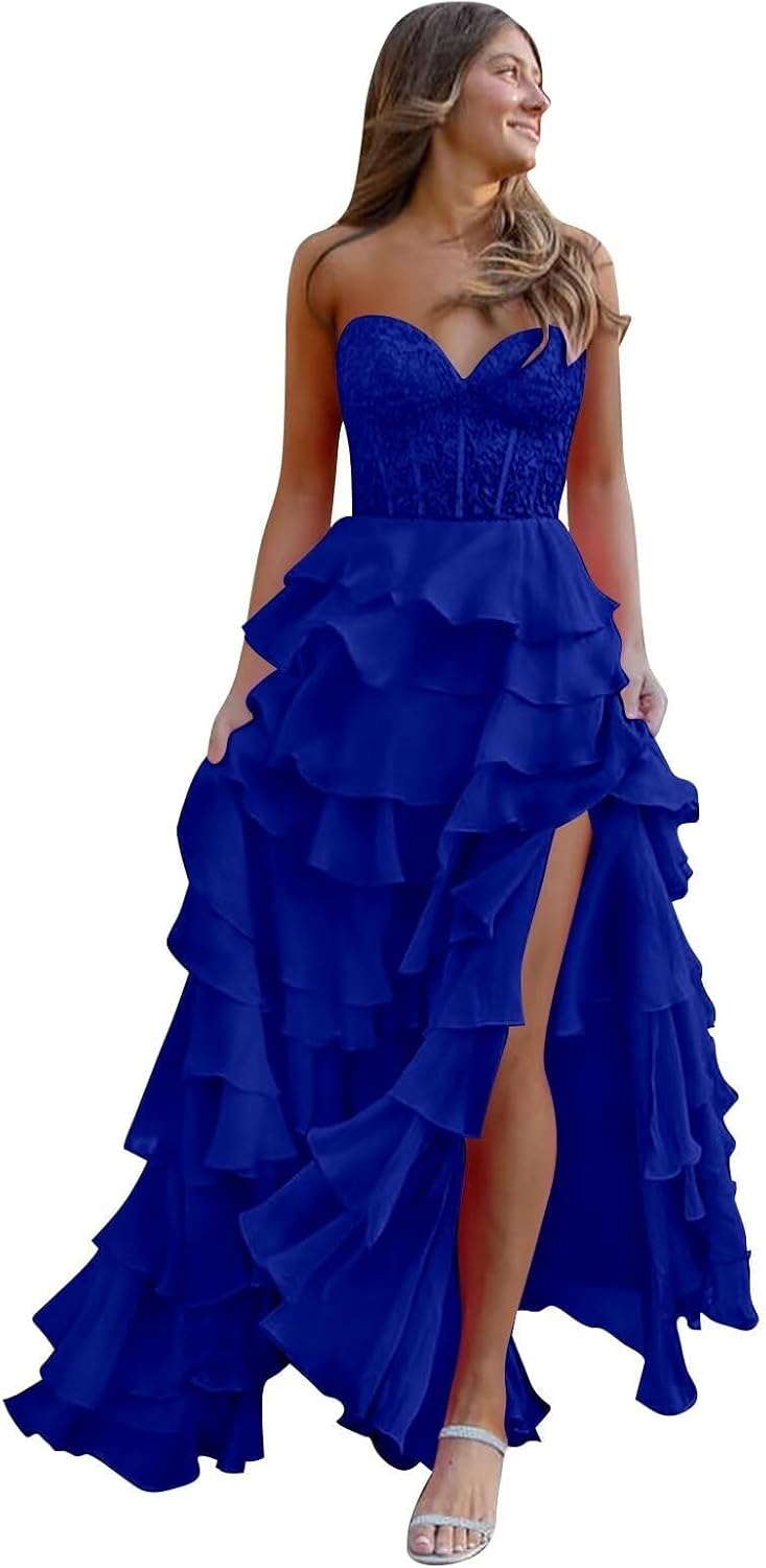 Sweetheart Lace Evening Dress Chiffon Ruffle Long Prom Dress,AST1021