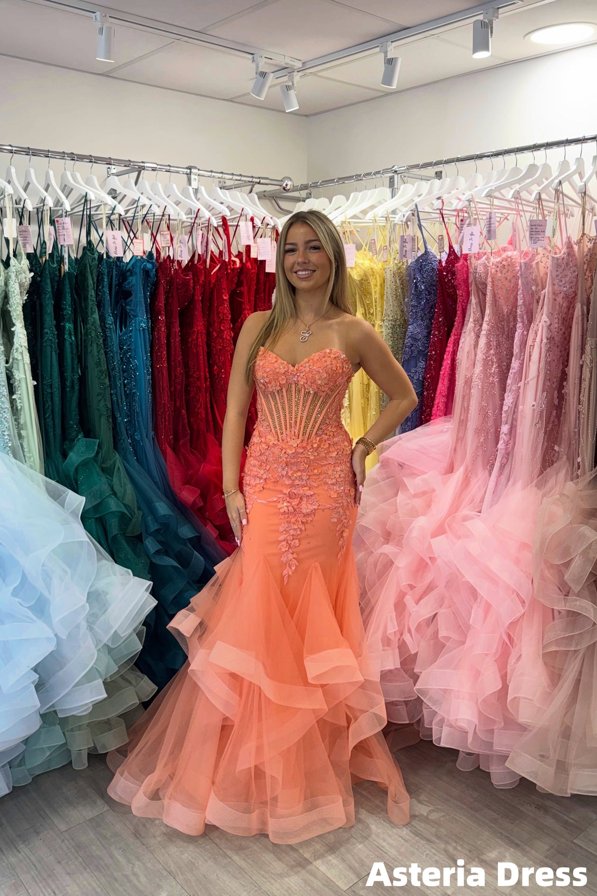 Sweetheart Mermaid Floral Appliques Ruffles Tulle Long Prom Dresses