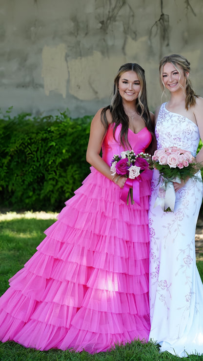 Sweetheart Pink A-Line Long Prom Dress, Tulle Ruffle Evening Gown, AST1534