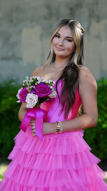 Sweetheart Pink A-Line Long Prom Dress, Tulle Ruffle Evening Gown, AST1534