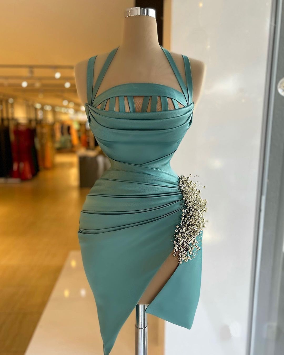 Tiffany Blue Homecoming Dresses Pearl Decoration Short Dress, AST1435