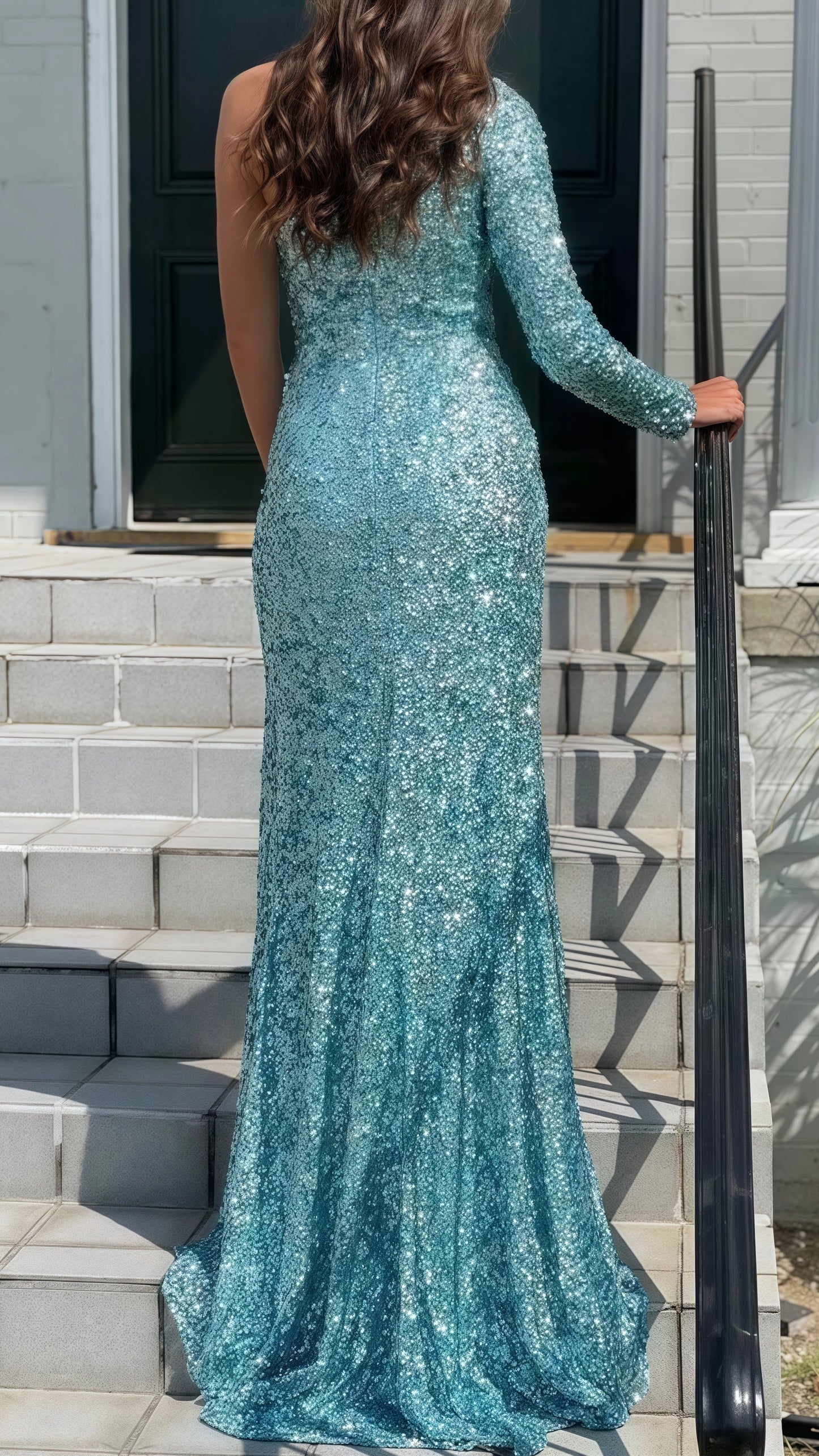 Tiffany Blue One Sleeve Sequin Long Prom Dress,AST1624