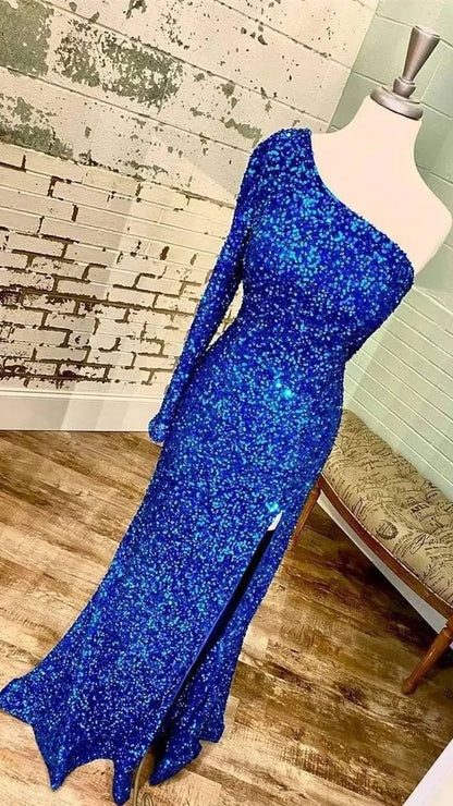 Tiffany Blue One Sleeve Sequin Long Prom Dress,AST1624