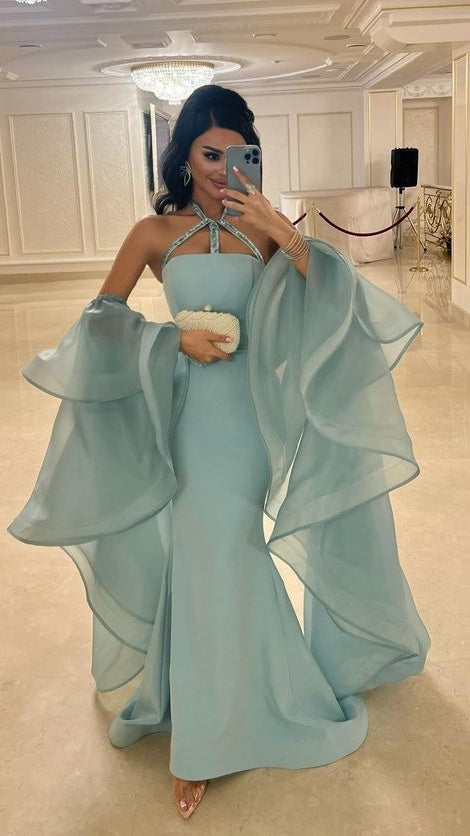 Tiffany Blue Mermaid Prom Dresses With Organza Sleeves,AST2062