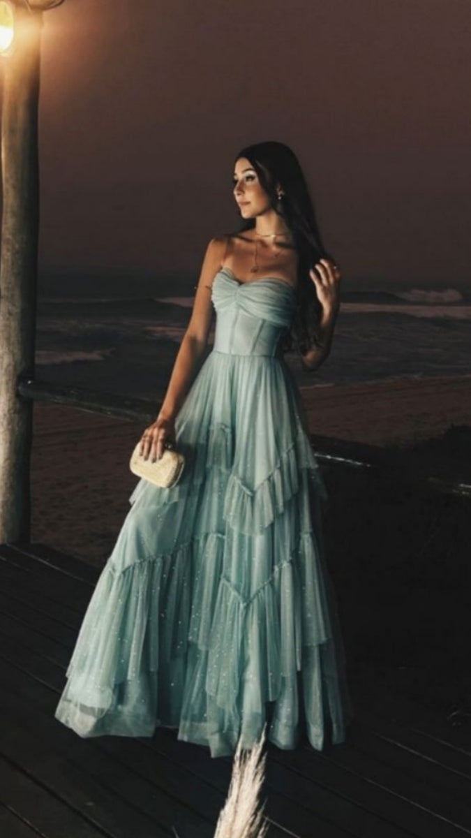 Tiffany Blue Tulle Lace Evening Prom Dresses Spaghetti Straps Party Dress,AST2138