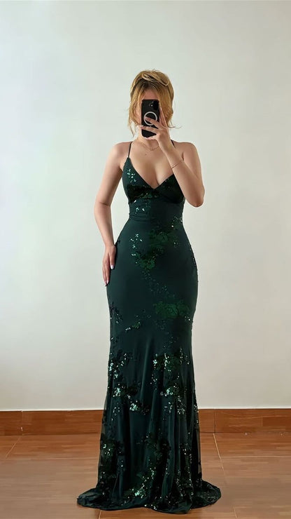 Timeless Dark Green Spaghetti-Straps Sleeveless Prom Dresses Mermaid V-Neck With Lace-Up Back,AST2294