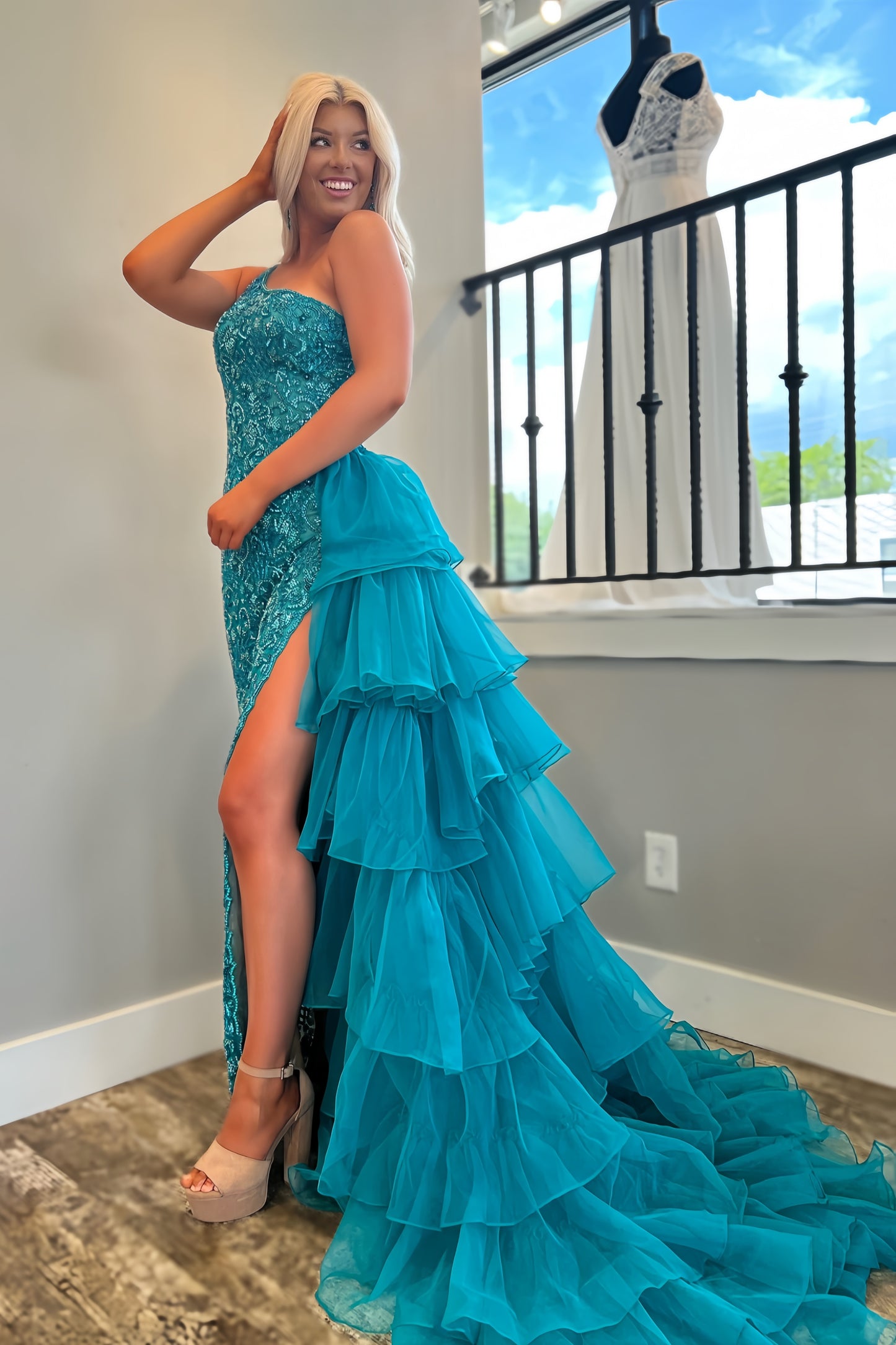 Turquoise Blue One Shoulder Lace Applique Evening Prom Dresses With Ruffle Organza Tail, AST1487