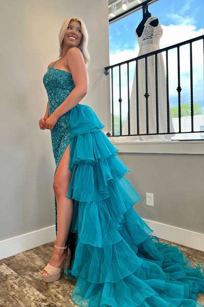 Turquoise Blue One Shoulder Lace Applique Evening Prom Dresses With Ruffle Organza Tail, AST1487