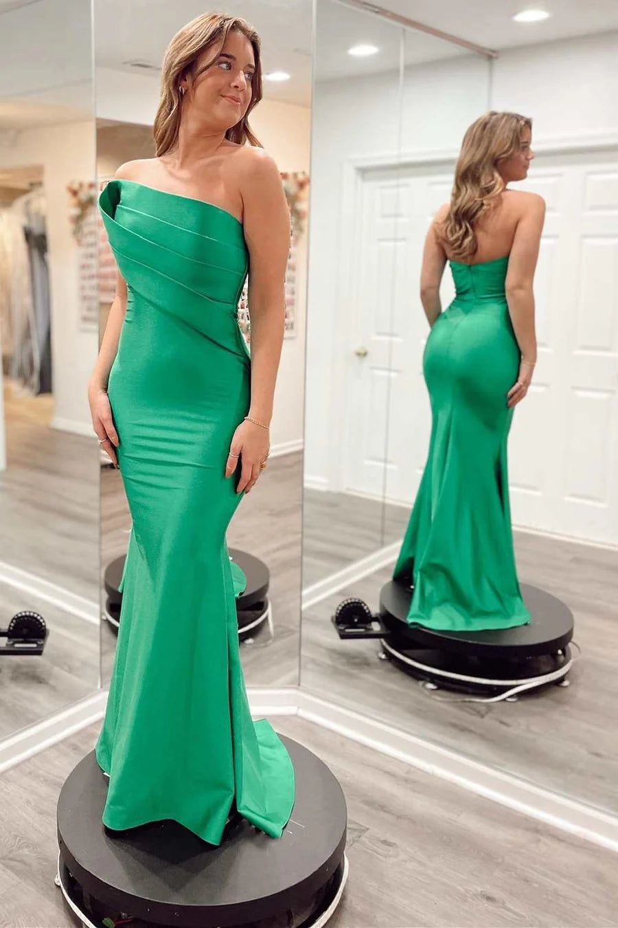 Turquoise Blue Satin Mermaid Prom Dresses Pleated Strapless College Graduation Dress,AST2214